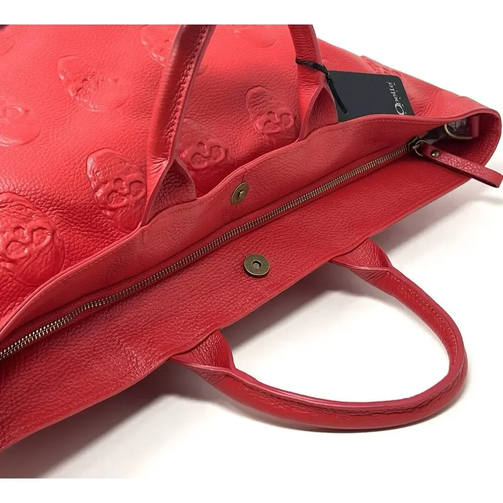 IO PELLE Italia Skull Embossed RED Leather Tote Bag XL Weekender Crossbody Strap
